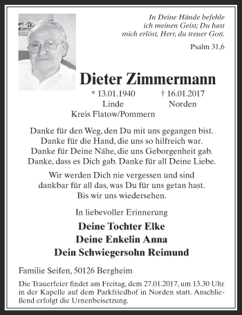 Anzeige von Dieter Zimmermann von  Werbepost 