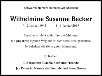 Anzeige von Wilhelmine Susanne Becker von Kölner Stadt-Anzeiger / Kölnische Rundschau / Express