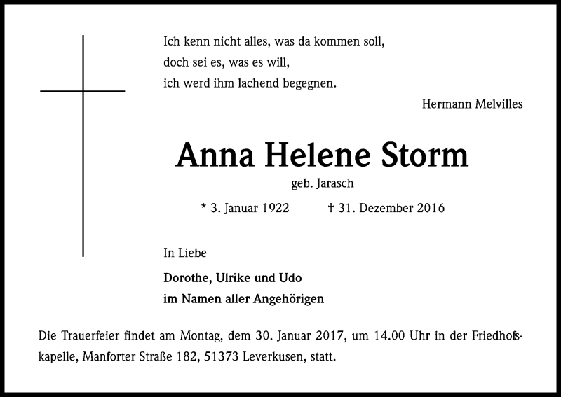  Traueranzeige für Anna Helene Storm vom 21.01.2017 aus Kölner Stadt-Anzeiger / Kölnische Rundschau / Express