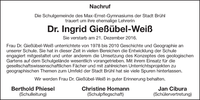  Traueranzeige für Ingrid Gießübel-Weiß vom 01.02.2017 aus  Schlossbote/Werbekurier 