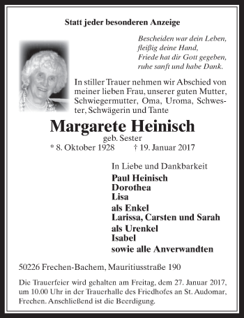 Anzeige von Margarete Heinisch von  Wochenende 