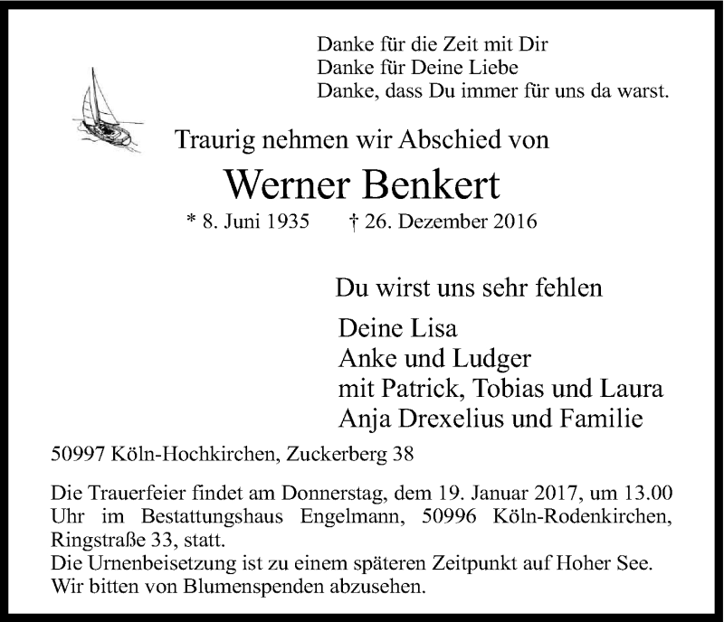  Traueranzeige für Werner Benkert vom 07.01.2017 aus Kölner Stadt-Anzeiger / Kölnische Rundschau / Express