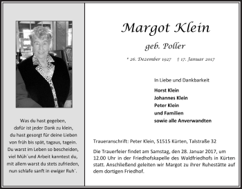 Anzeige von Margot Klein von  Bergisches Handelsblatt 