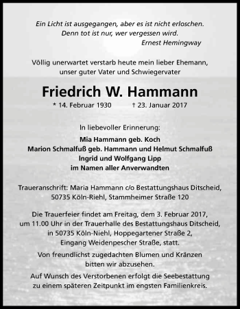 Anzeige von Friedrich W. Hammann von Kölner Stadt-Anzeiger / Kölnische Rundschau / Express