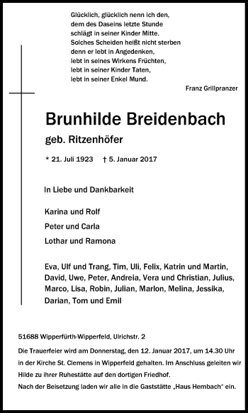 Anzeige von Brunhilde Breidenbach von Kölner Stadt-Anzeiger / Kölnische Rundschau / Express