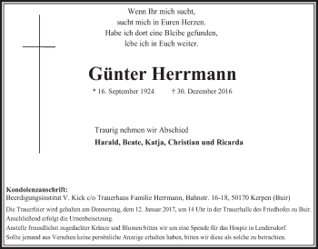 Anzeige von Günter Herrmann von  Sonntags-Post 