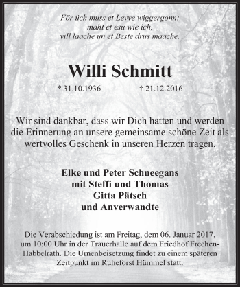 Anzeige von Willi Schmitt von  Wochenende 