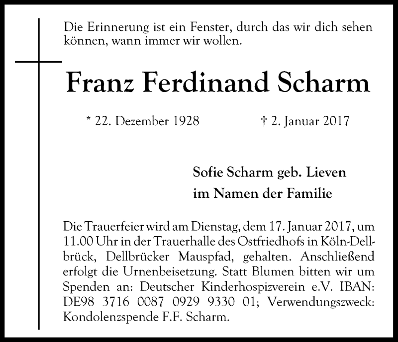  Traueranzeige für Franz Ferdinand Scharm vom 14.01.2017 aus Kölner Stadt-Anzeiger / Kölnische Rundschau / Express