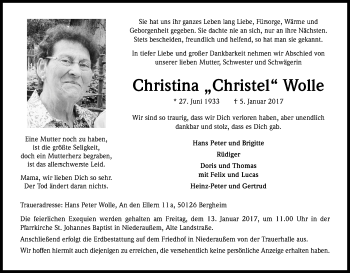 Anzeige von Christina Wolle von Kölner Stadt-Anzeiger / Kölnische Rundschau / Express