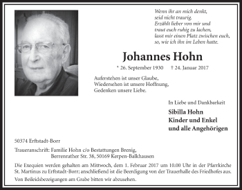 Anzeige von Johannes Hohn von  Sonntags-Post 