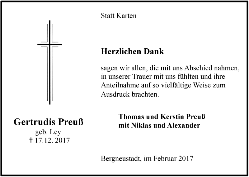  Traueranzeige für Gertrudis Preuß vom 01.02.2017 aus  Anzeigen Echo 