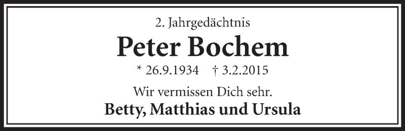 Traueranzeige für Peter Bochem vom 01.02.2017 aus  Schlossbote/Werbekurier 