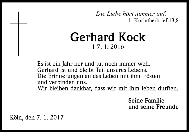  Traueranzeige für Gerhard  Kock vom 07.01.2017 aus Kölner Stadt-Anzeiger / Kölnische Rundschau / Express
