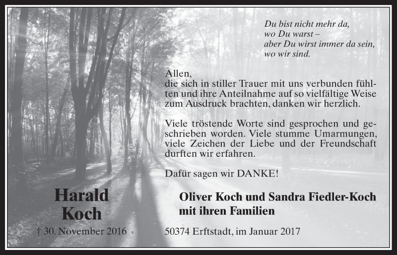  Traueranzeige für Harald Koch vom 18.01.2017 aus  Werbepost 