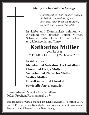Anzeige von Katharina Müller von  Wochenende 