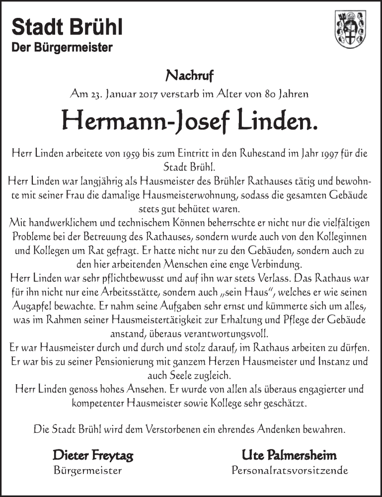  Traueranzeige für Hermann-Josef Linden vom 01.02.2017 aus  Schlossbote/Werbekurier 