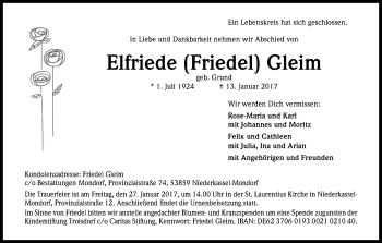 Anzeige von Elfriede Gleim von Kölner Stadt-Anzeiger / Kölnische Rundschau / Express