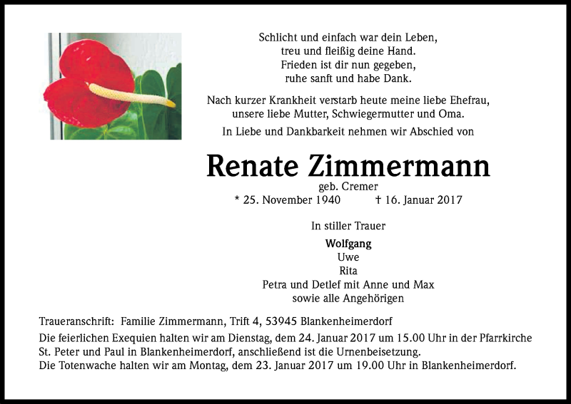  Traueranzeige für Renate Zimmermann vom 19.01.2017 aus Kölner Stadt-Anzeiger / Kölnische Rundschau / Express