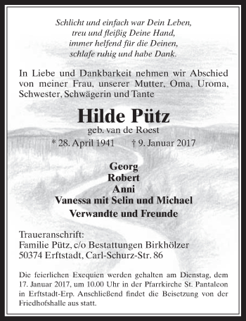 Anzeige von Hilde Pütz von  Sonntags-Post 