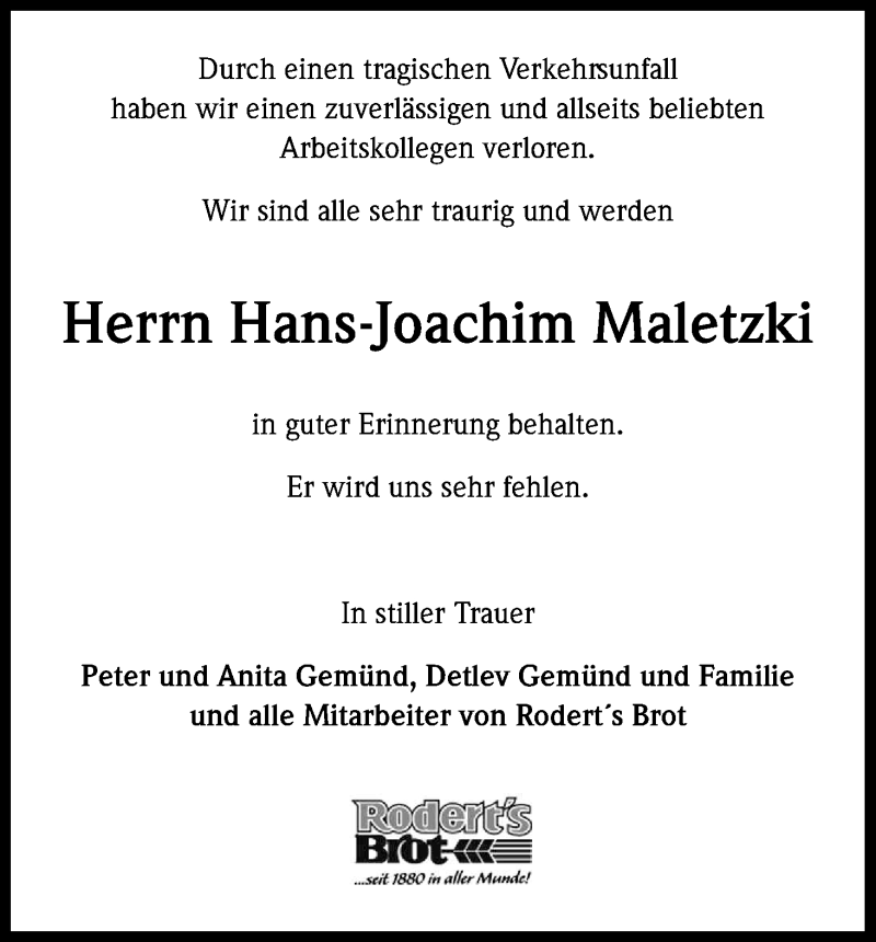  Traueranzeige für Hans-Joachim Maletzki vom 28.01.2017 aus Kölner Stadt-Anzeiger / Kölnische Rundschau / Express