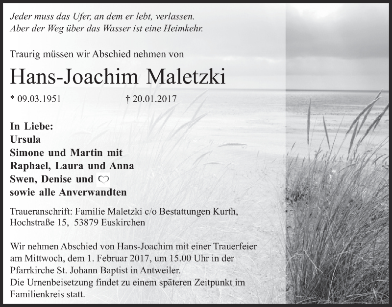 Traueranzeige für Hans-Joachim Maletzki vom 28.01.2017 aus  Blickpunkt Euskirchen 