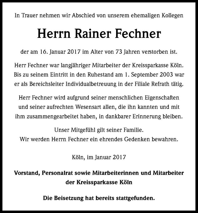  Traueranzeige für Rainer Fechner vom 27.01.2017 aus Kölner Stadt-Anzeiger / Kölnische Rundschau / Express