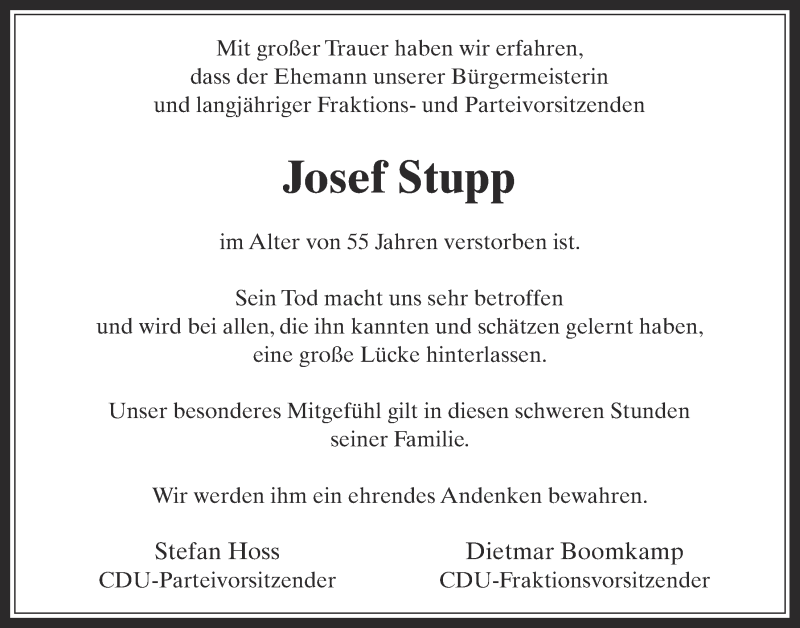  Traueranzeige für Josef Stupp vom 11.01.2017 aus  Wochenende 