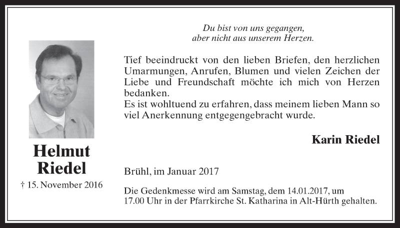  Traueranzeige für Helmut Riedel vom 11.01.2017 aus  Wochenende  Schlossbote/Werbekurier 