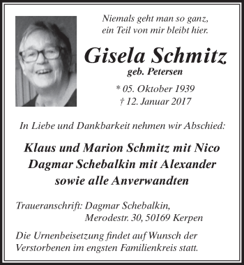 Anzeige von Gisela Schmitz von  Sonntags-Post 
