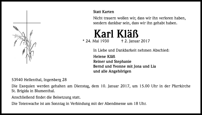  Traueranzeige für Karl Kläß vom 06.01.2017 aus Kölner Stadt-Anzeiger / Kölnische Rundschau / Express