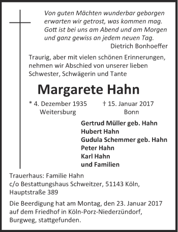 Anzeige von Maragrete Hahn von  Schaufenster/Blickpunkt 