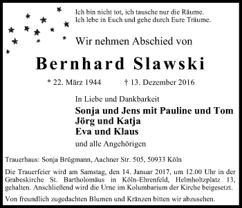 Anzeige von Bernhard Slawski von Kölner Stadt-Anzeiger / Kölnische Rundschau / Express