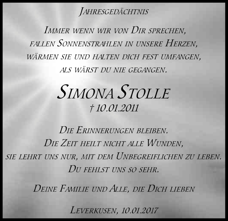  Traueranzeige für Simona Stolle vom 10.01.2017 aus Kölner Stadt-Anzeiger / Kölnische Rundschau / Express