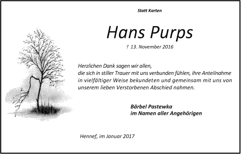  Traueranzeige für Hans Purps vom 25.01.2017 aus  Extra Blatt 