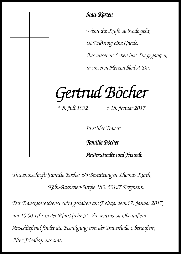  Traueranzeige für Gertud Böcher vom 24.01.2017 aus Kölner Stadt-Anzeiger / Kölnische Rundschau / Express