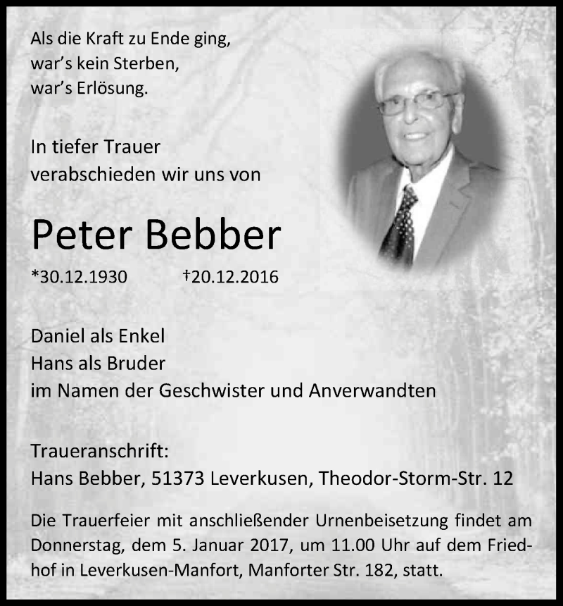  Traueranzeige für Peter Bebber vom 03.01.2017 aus Kölner Stadt-Anzeiger / Kölnische Rundschau / Express