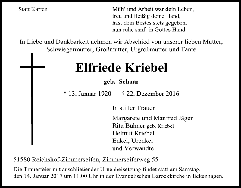  Traueranzeige für Elfriede Kriebel vom 11.01.2017 aus Kölner Stadt-Anzeiger / Kölnische Rundschau / Express