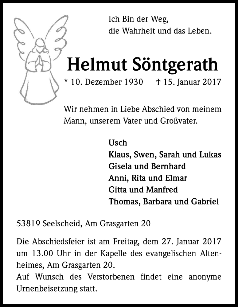  Traueranzeige für Helmut Söntgerath vom 21.01.2017 aus Kölner Stadt-Anzeiger / Kölnische Rundschau / Express