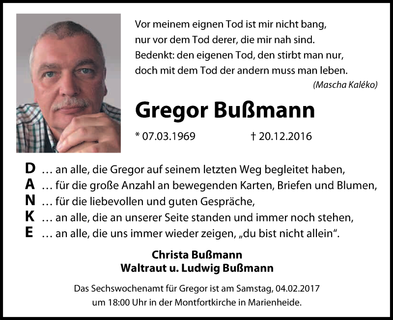  Traueranzeige für Gregor Bußmann vom 01.02.2017 aus Kölner Stadt-Anzeiger / Kölnische Rundschau / Express