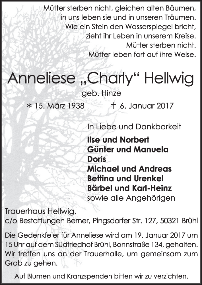  Traueranzeige für Anneliese Hellwig vom 11.01.2017 aus  Schlossbote/Werbekurier 