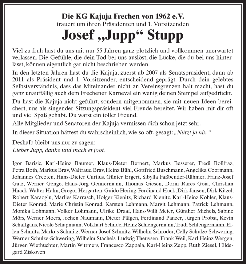  Traueranzeige für Josef Stupp vom 11.01.2017 aus  Wochenende 