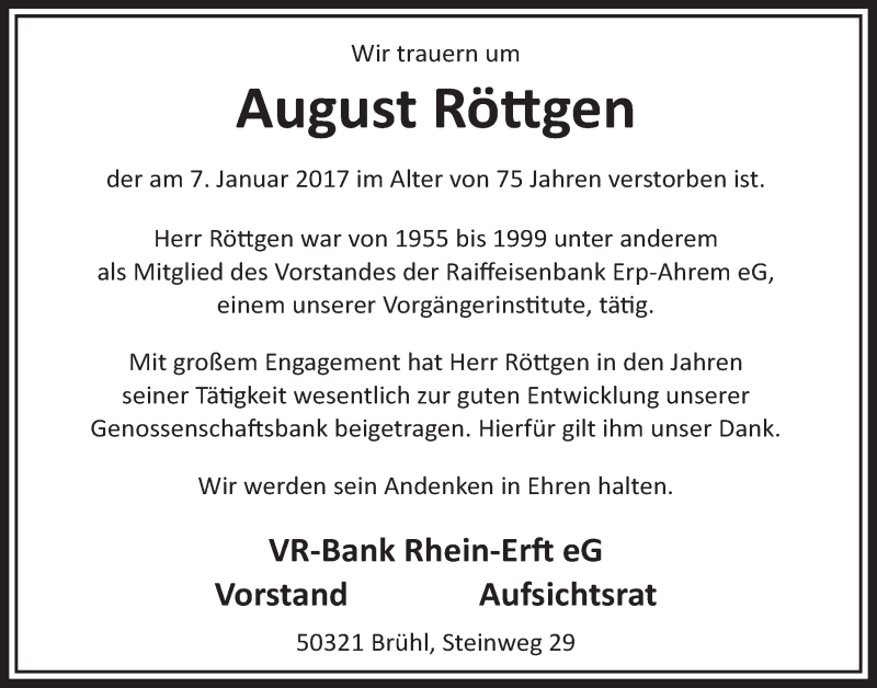  Traueranzeige für August Röttgen vom 18.01.2017 aus  Werbepost 