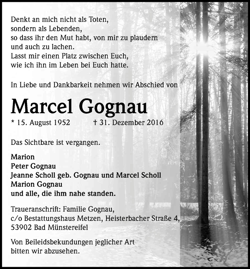 Traueranzeige für Marcel Gognau vom 14.01.2017 aus Kölner Stadt-Anzeiger / Kölnische Rundschau / Express