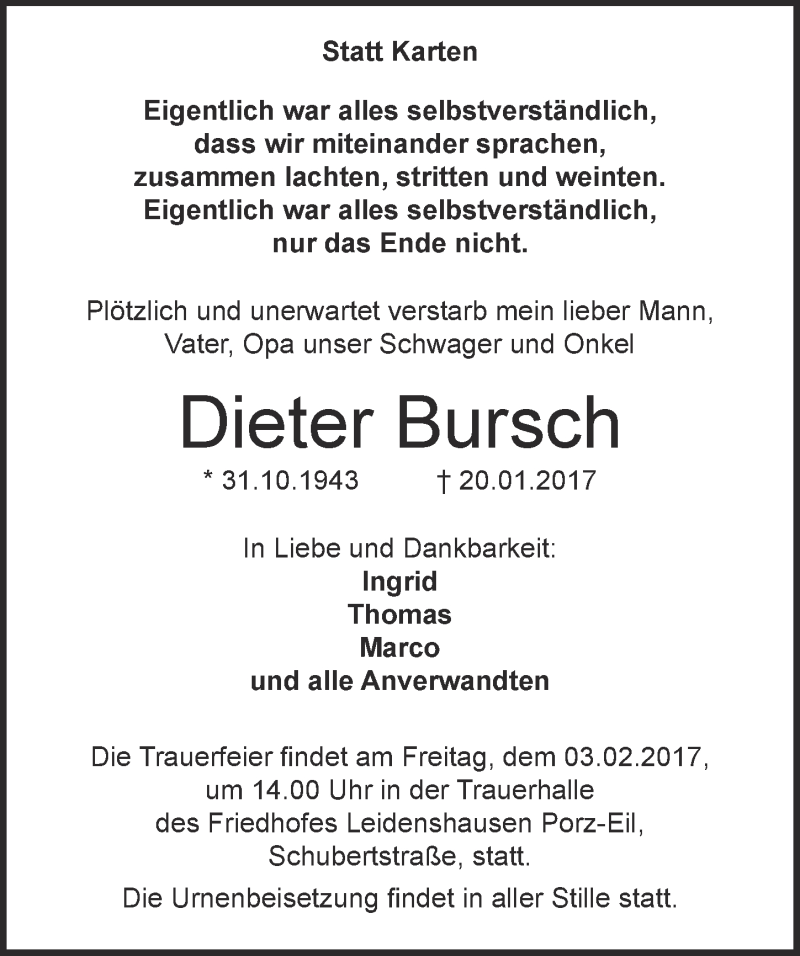  Traueranzeige für Dieter Bursch vom 25.01.2017 aus  Kölner Wochenspiegel 