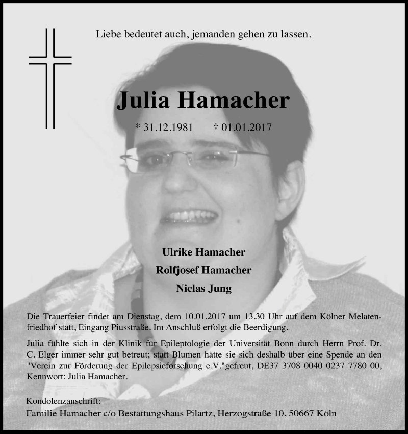  Traueranzeige für Julia Hamacher vom 07.01.2017 aus Kölner Stadt-Anzeiger / Kölnische Rundschau / Express