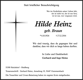 Anzeige von Hilde Heinz von Kölner Stadt-Anzeiger / Kölnische Rundschau / Express