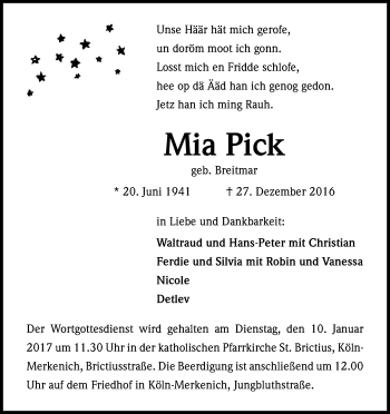 Anzeige von Mia Pick von Kölner Stadt-Anzeiger / Kölnische Rundschau / Express
