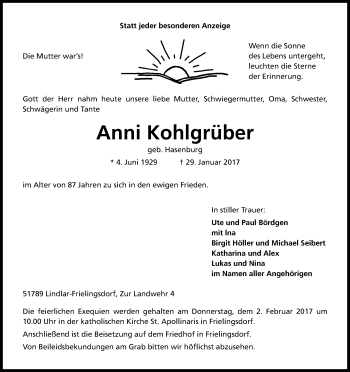Anzeige von Anni Kohlgräber von Kölner Stadt-Anzeiger / Kölnische Rundschau / Express