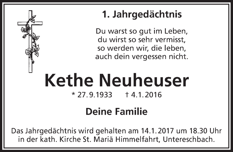  Traueranzeige für Kethe Neuheuser vom 04.01.2017 aus  Bergisches Handelsblatt 