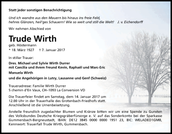 Anzeige von Trude Wirth von Kölner Stadt-Anzeiger / Kölnische Rundschau / Express